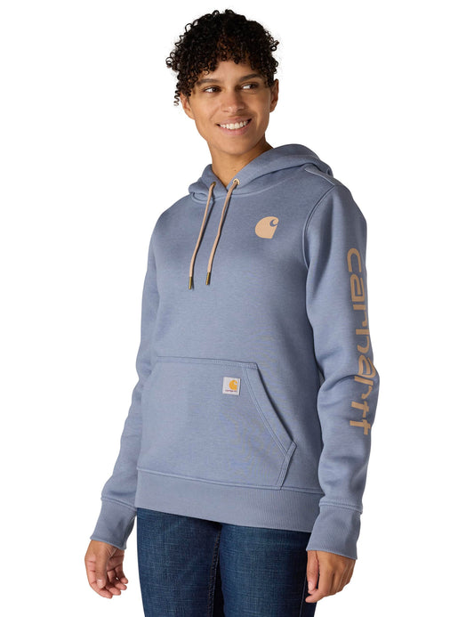 Carhartt Women's Relaxed Fit Midweight Logo Sleeve Graphic Sweatshirt, Light Faded Navy Heather/Light Taupe Hea, Small