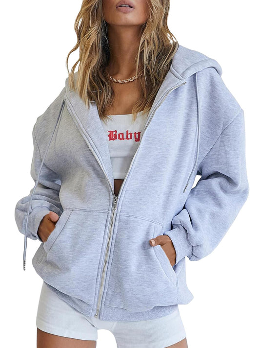 Trendy Queen Womens Zip Up Hoodies Oversized Sweatshirts Fall School Fashion Outfits Casual Jackets 2025 Winter Clothes Grey L