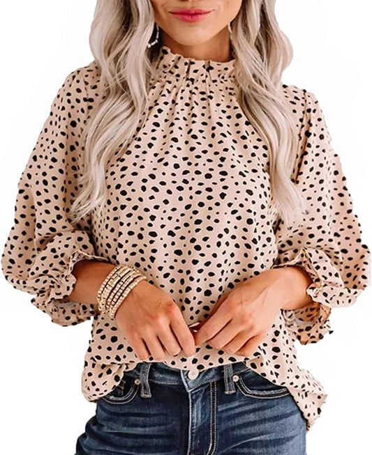 Avanova Women's Leopard Printed Ruffle Hem 3/4 Sleeve Mock Neck Elegant Work Blouses Top Beige Large