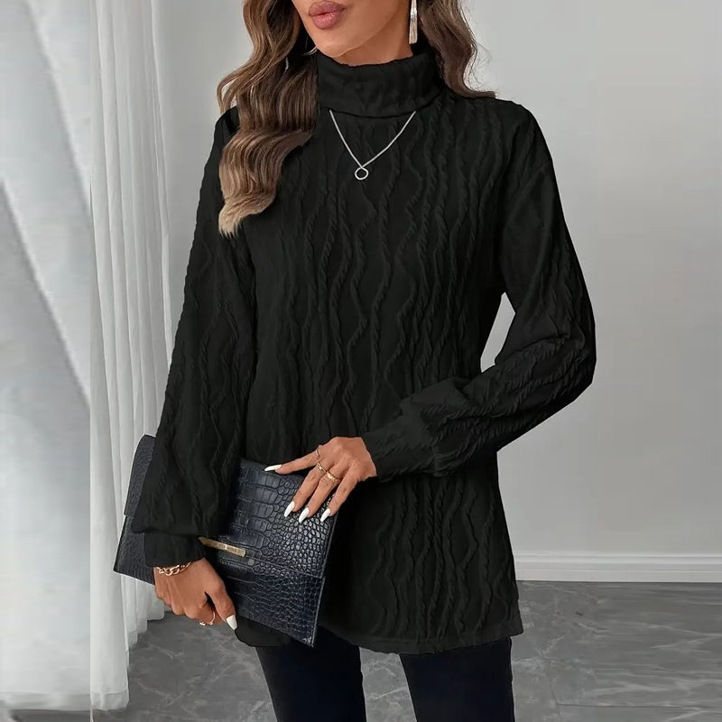 Women's Elegant Turtleneck Sweater, Solid Color Long Sleeve Knit Top With Slit Hem For Spring Fall Wear
