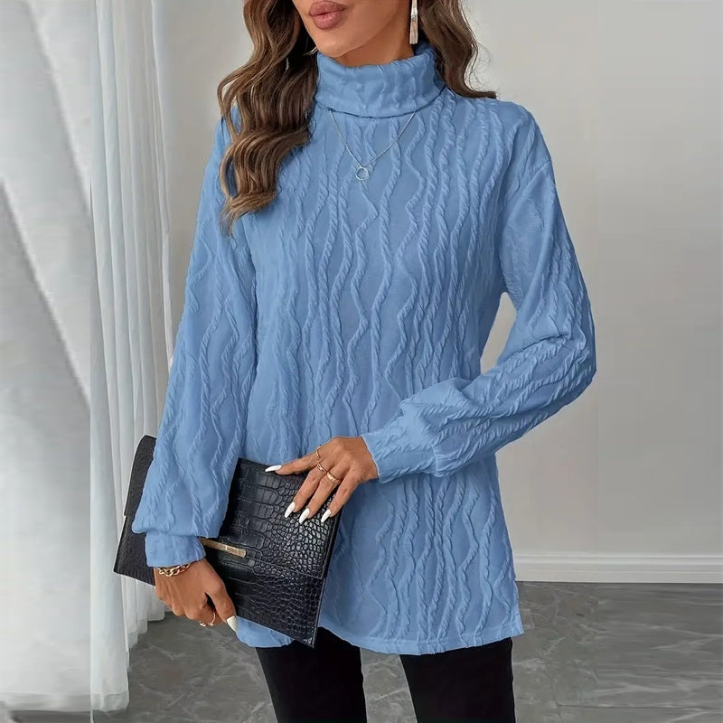 Women's Elegant Turtleneck Sweater, Solid Color Long Sleeve Knit Top With Slit Hem For Spring Fall Wear