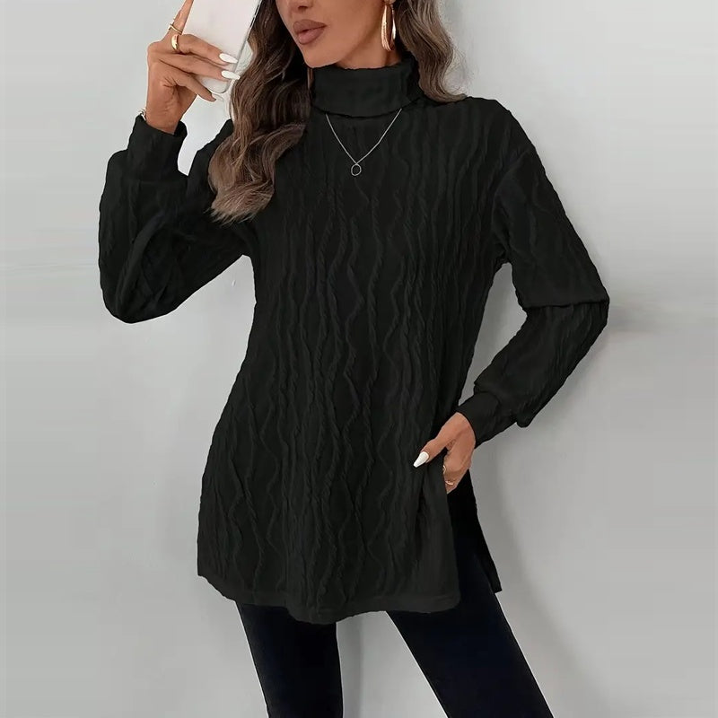 Women's Elegant Turtleneck Sweater, Solid Color Long Sleeve Knit Top With Slit Hem For Spring Fall Wear